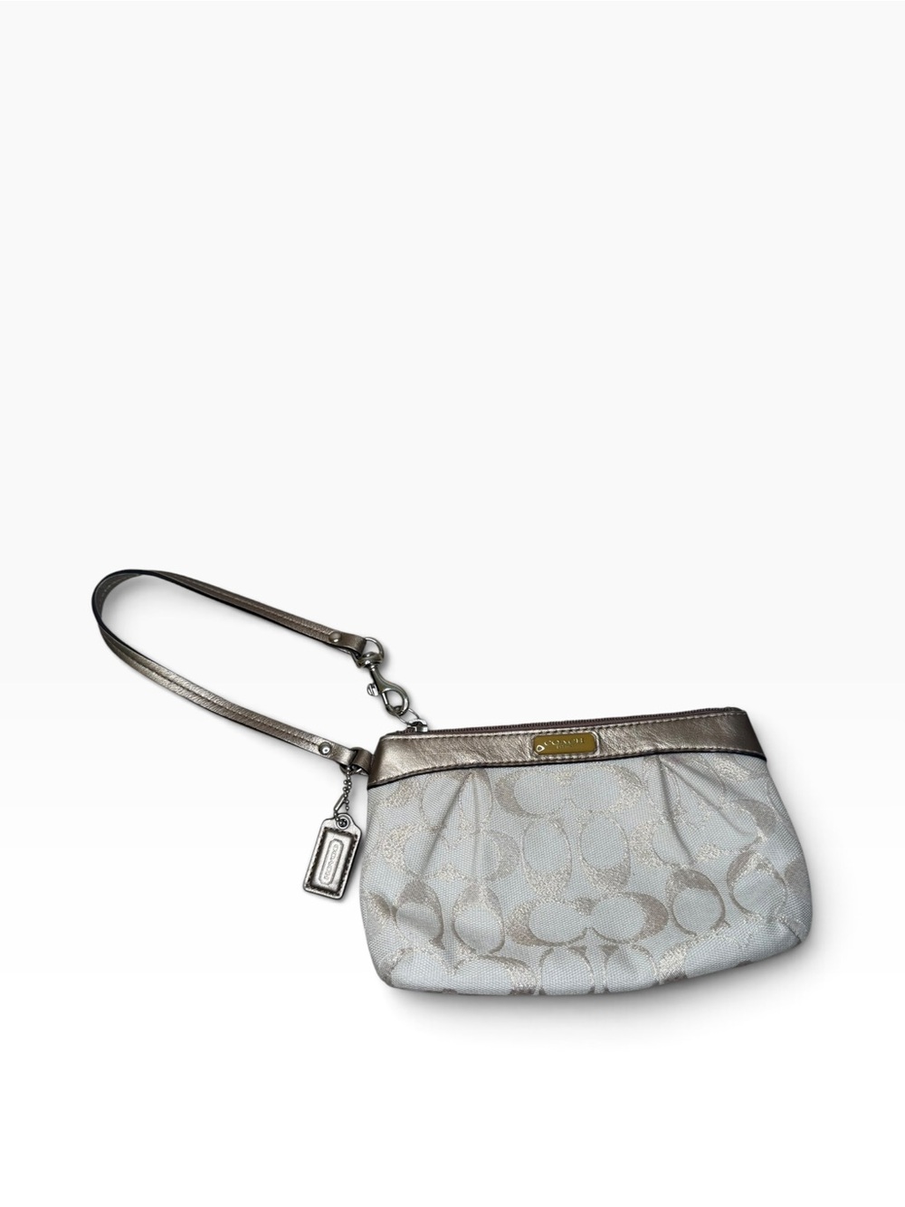 Coach Signature Lurex Metallic Silver Pleated Wristlet Clutch